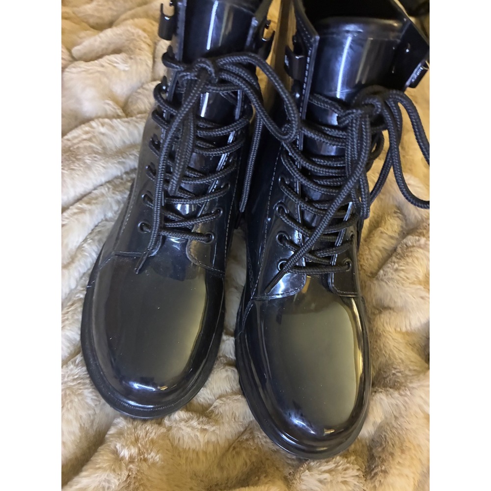 Michael Kors Black PVC Lace Up Combat Rain Boots Logo Heel Tab Glossy Lug Sole
